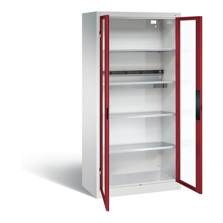 C+P Akku-Ladeschrank für 5 E-Werkzeuge, Sichtfenster, H1950xB930xT500mm, Rubinrot/Lichtgrau