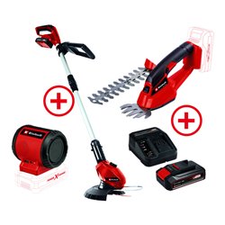 Einhell Rasentrimmer inkl. 2,0 Ah Starter-Kit + Gras-und Stauchschere + 2,5 Ah Starter-Kit + Akku-Lautsprecher