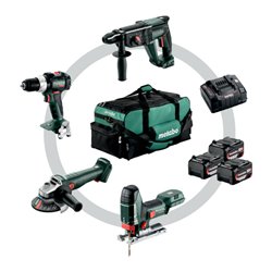 Metabo Akku Combo Set Bauhandwerk 4.3 SB 18 LT BL + W 18 L 9-125 Quick + KH 18 LTX 24 + STA 18 LTX 100 Werkzeugtasche