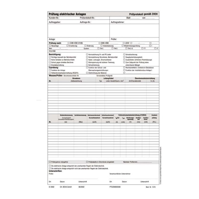 Beha-Amprobe Prüfprotokollblock nach DIN VDE 0100 FTC00001278D