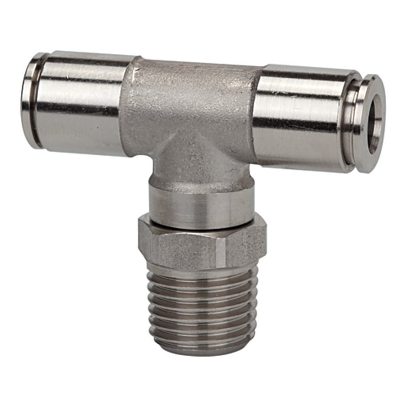 Riegler T-Steckverschra., drehbar, R 1/8 a., Schl.-Ã˜ 8, 15bar, ES 1.4404