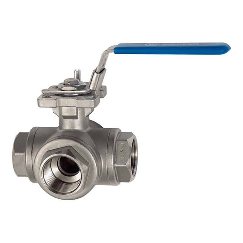 Riegler 3-Wege-Kugelhahn, L-Bohrung, Edelstahl 1.4408, G 3/4, DN 20