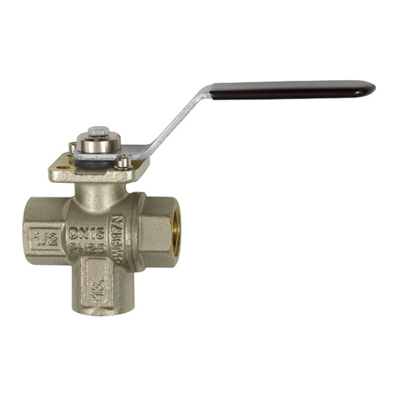 Riegler 3-Wege-Kugelhahn, MS vern., Anschluss unten, T-Bohrung, Rp 1/2