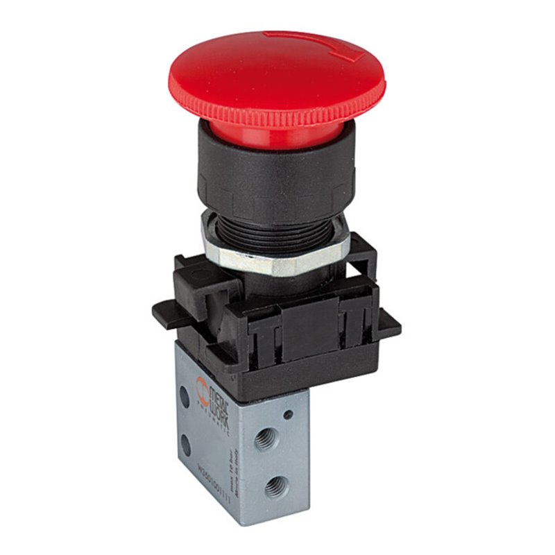 Riegler 3/2-Miniventil, manuell, Pilztaster Notrastung, NC, M5 seitl.