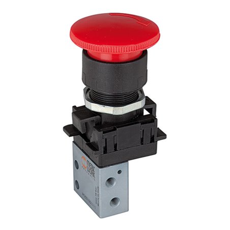 Riegler 3/2-Miniventil, manuell, Pilztaster Notrastung, NC, M5 seitl.