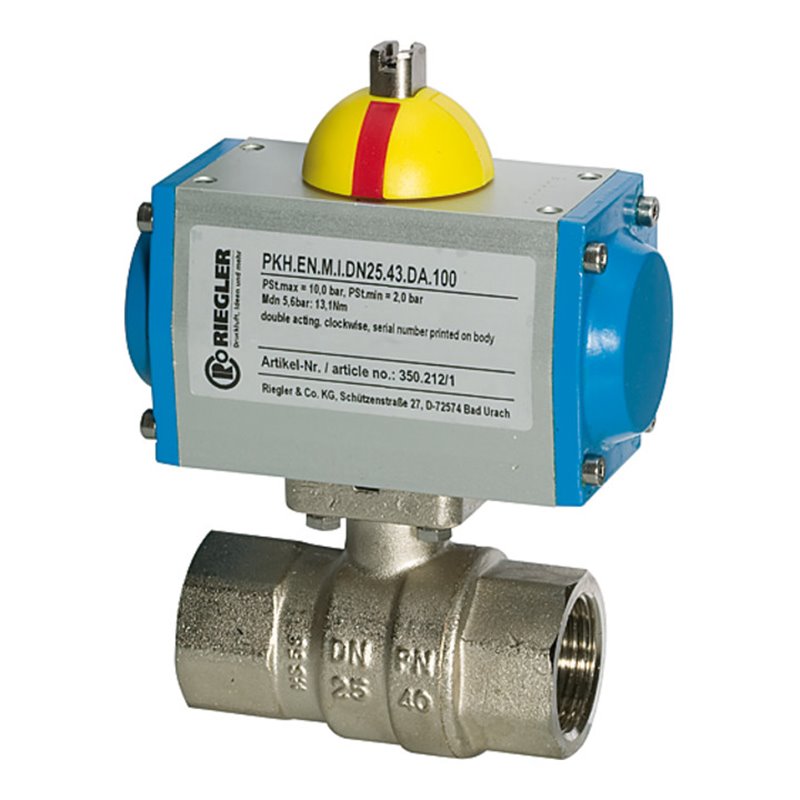 Riegler Messingkugelhahn, pneumat. Stellantrieb doppeltwirkend, Rp 1 1/4