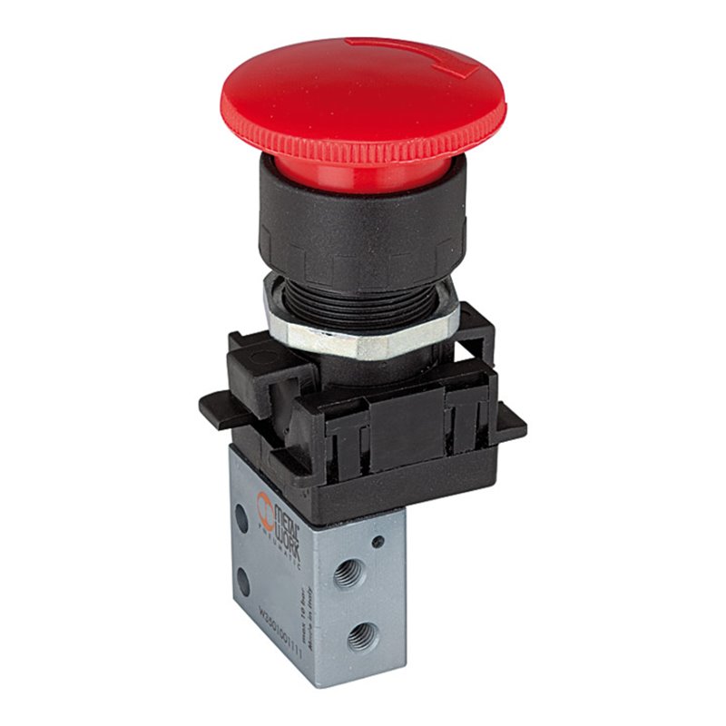 Riegler 3/2-Miniventil, manuell, Pilztaster Notrastung, NC, 4 mm seitl.