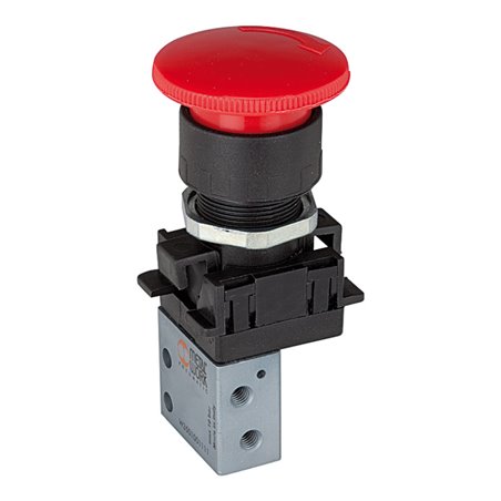 Riegler 3/2-Miniventil, manuell, Pilztaster Notrastung, NC, 4 mm seitl.