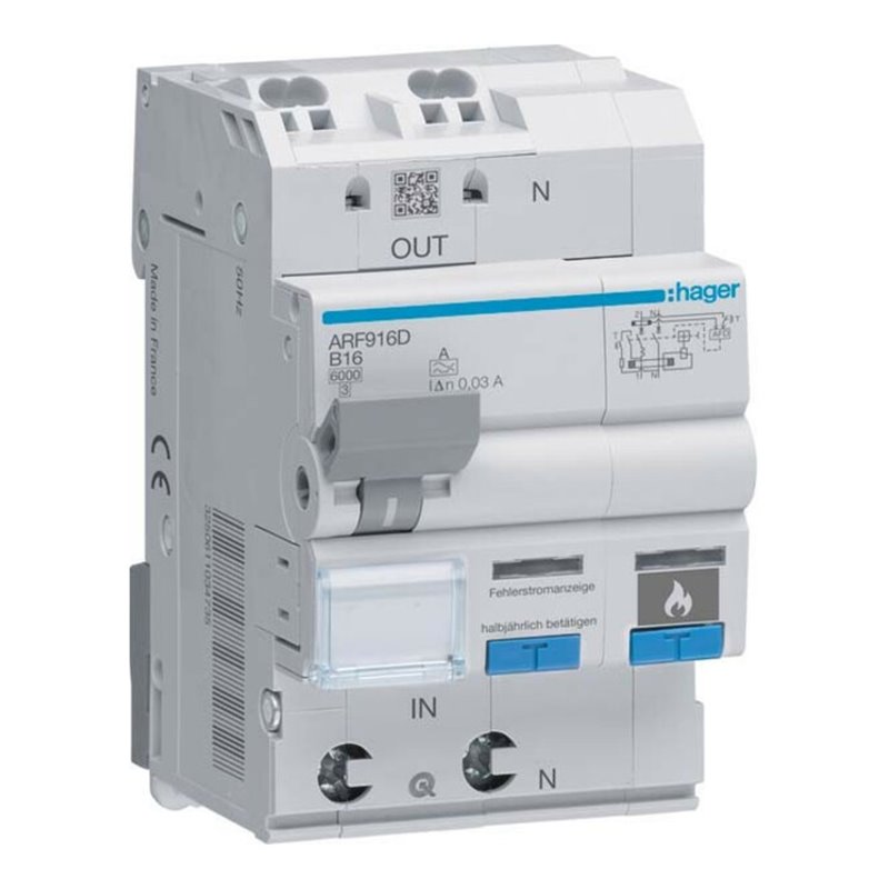 Hager Fehlerlichtbogen-Schutz 1P+N 6kA B-16A 30mA ARF916D
