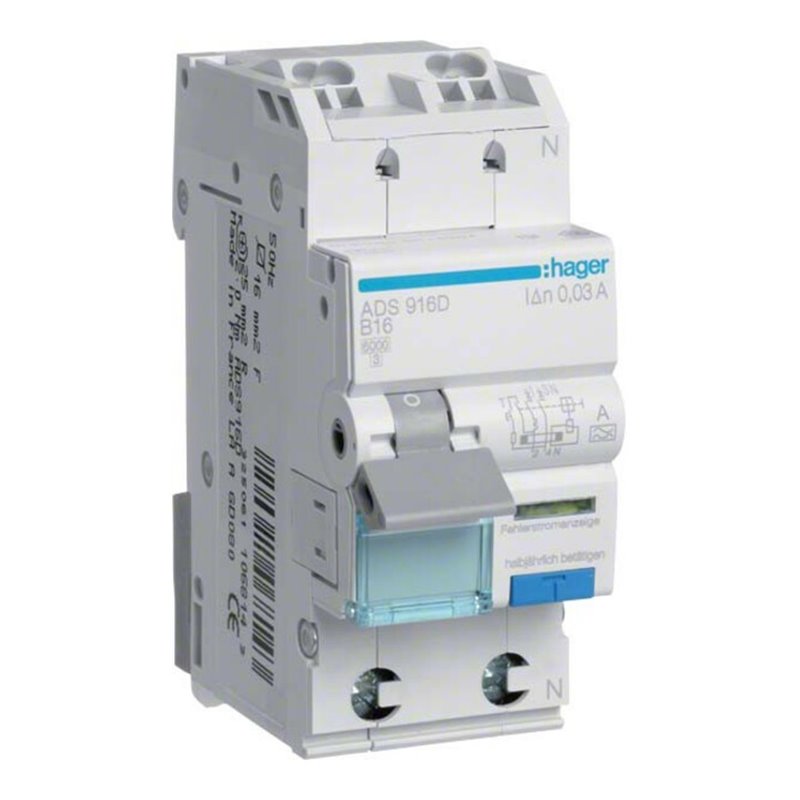Hager FI/LS-Schalter 1P+N 6kA B-13A 30mA ADS913D