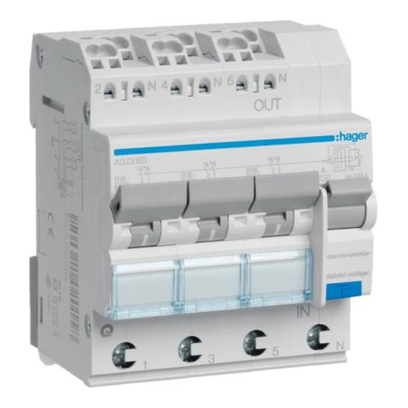 Hager FI/LS-Schalter 3x 1P+N, 6 kA ADZ316D