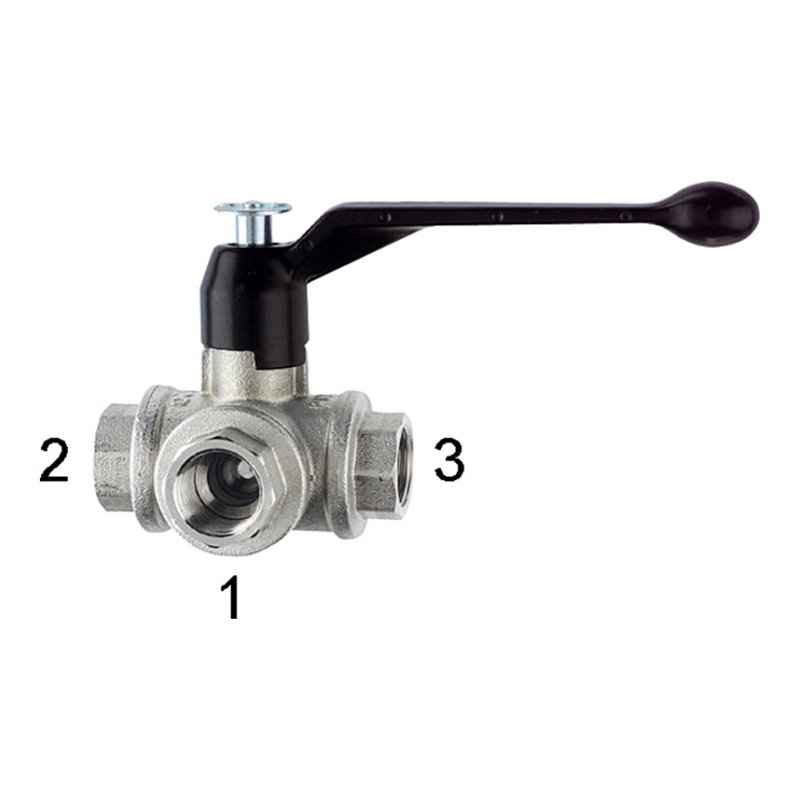 Riegler 3-Wege-Kugelhahn, L-Bohrung, Messing vernickelt, Rp 1/2, DN 15