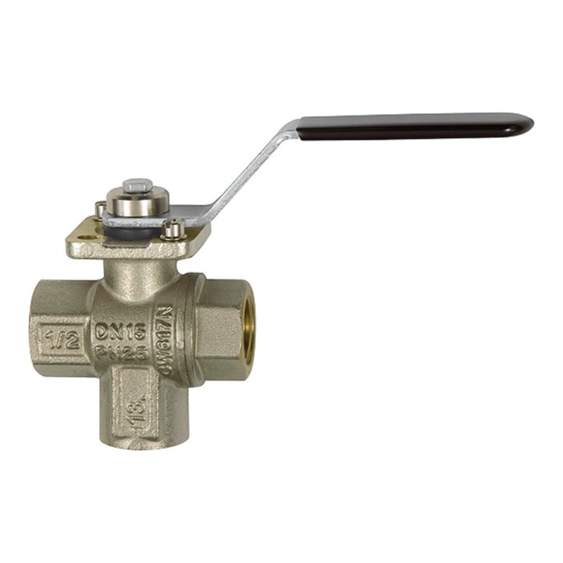 Riegler 3-Wege-Kugelhahn, MS vern., Anschluss unten, T-Bohrung, Rp 3/8