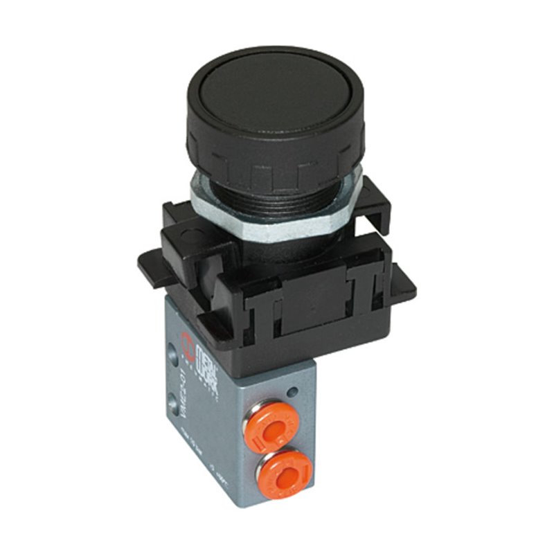 Riegler 3/2-Miniventil, manuell, Druckknopf, NC, monostabil, M5 seitl.rot