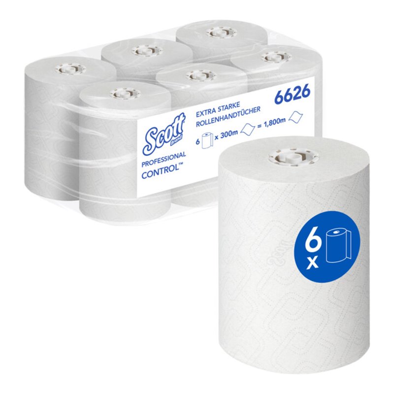 Scott Control Extrastarke Papierhandtücher gerollt, 6 x 300 m weiße Handtücher Rollen