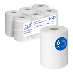 Scott Control Slimroll Rollenhandtücher, 6 x 165m lange, weiße, 1-lagige Rollen