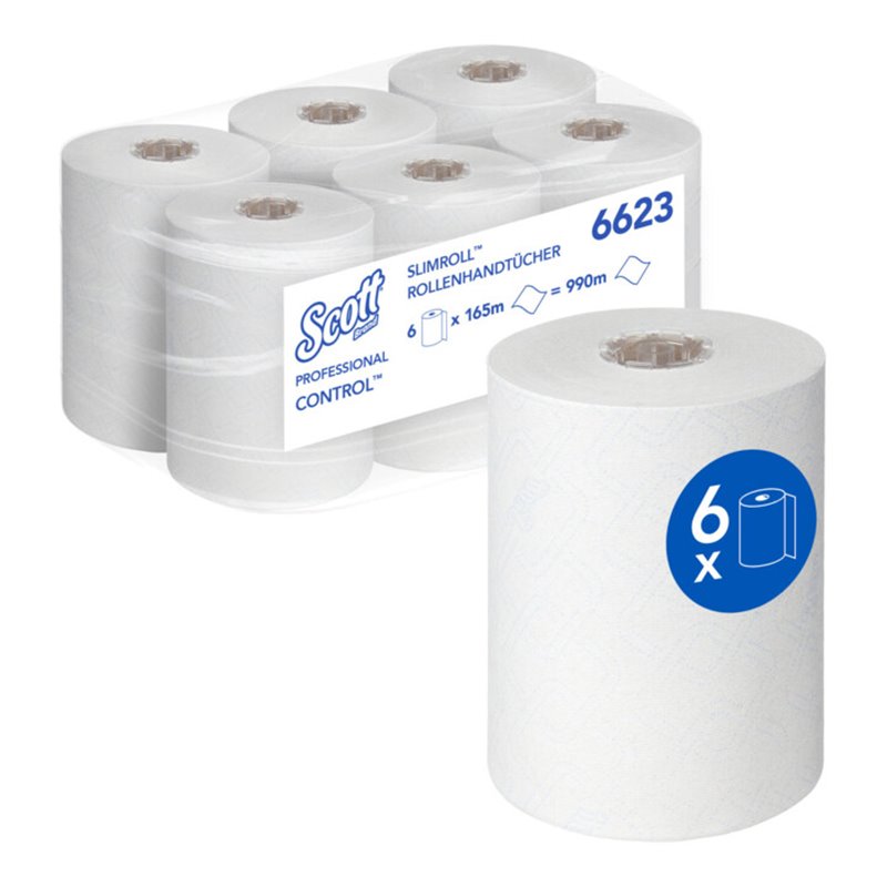 Scott Control Slimroll Rollenhandtücher, 6 x 165m lange, weiße, 1-lagige Rollen