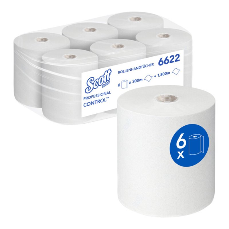 Scott Control Rollenhandtücher, 6 x 300m Weiß, 1-lagige Rollen