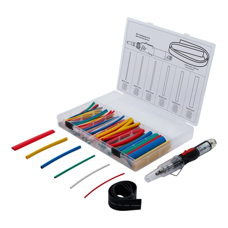 BGS Mini-Heißgasbrenner mit Schrumpfschlauch-Sortiment farbig mit Piezo-Zündung 162-tlg.