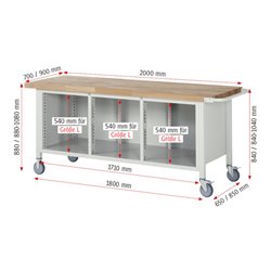 Rau Fahrbare Werkbank 8570, B2000xT900xH880mm, 6x Schublade-TA, 1x Tür