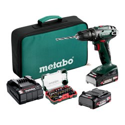 Metabo Akku-Bohrschrauber BS 18 Set (602207930) mit Bit-Box SP (32-teilig), Werkzeugtasche, 18V 2x2Ah Li-Power + SC 30