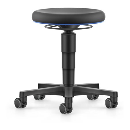 bimos Allround Hocker mit Rollen, PU schwarz, Sitzhöhe 450-650 mm, Farbring blau