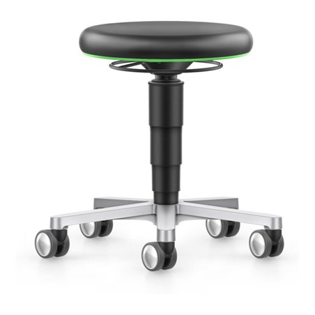 bimos Labor Hocker mit Rollen, Kunstleder schwarz, Sitzhöhe 450-650 mm, Farbring grün