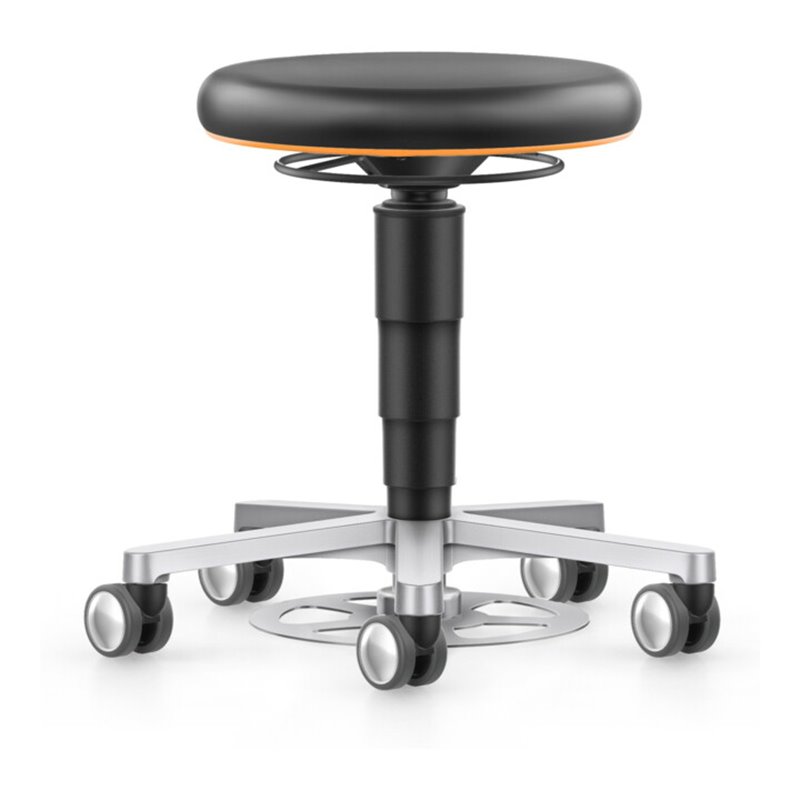 bimos Labor Hocker mit Rollen, Kunstleder schwarz, Sitzhöhe 480-650 mm, Farbring orange