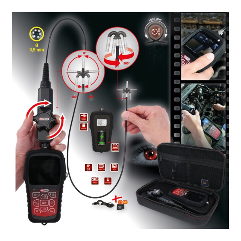 KS Tools HD-Videoskop-Satz mit Ø 3,9 mm 180° und 0° HD Frontkamera-Sonde, flexible PVC Hülle, 3-tlg