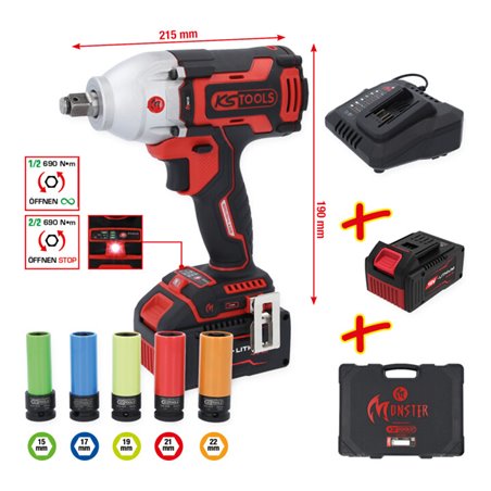KS Tools eMONSTER 1/2“ Brushless-Akku-Schlag-Schrauber-Satz, 9-tlg