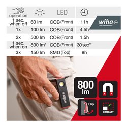 Wiha Handleuchte 800 lm, 5 Leuchtmodi, Werkstattlampe aufladbar, Akku LED Taschenlampe super hell, Arbeitsleuchte, USB-C aufladb