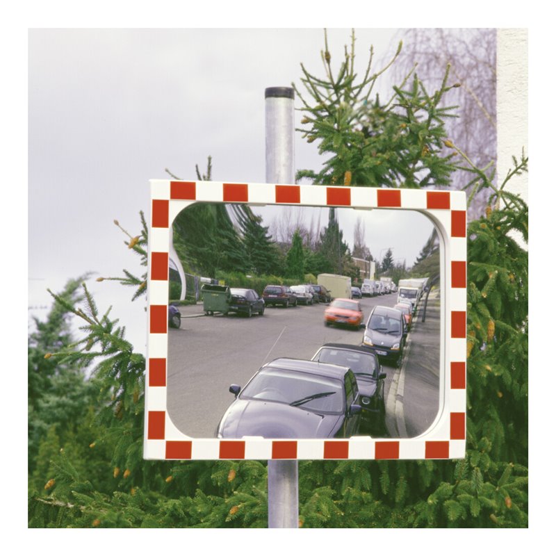 Moravia Verkehrsspiegel aus Sekuritglas Rahmen rot/weiß + 76er Schelle