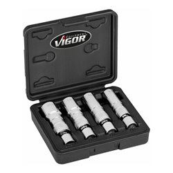 VIGOR Zündkerzen Steckschlüssel Satz, V7002/4, 3/8 Zoll (10 mm) Vierkant, Außen Doppelsechskant Profil, 4-teilig, 14, 16, 18, 20
