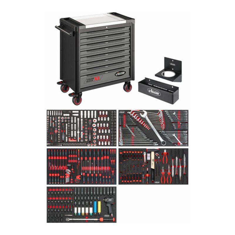 VIGOR Werkstattwagen SeriesXL, Edelstahl-Arbeitsplatte, mit Sortiment, V4481-X/466, 466-teilig