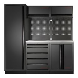 Kraftwerk 3-Element-Schrankwand mit Vierkantlochwand Inox-Arbeitsplatte