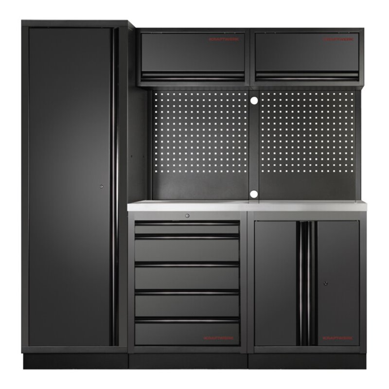 Kraftwerk 3-Element-Schrankwand mit Vierkantlochwand Inox-Arbeitsplatte