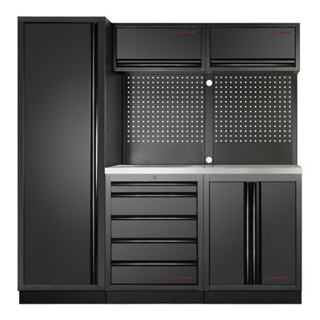 Kraftwerk 3-Element-Schrankwand mit Vierkantlochwand Inox-Arbeitsplatte