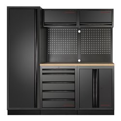 Kraftwerk 3-Element-Schrankwand mit Vierkantlochwand Multiplex-Arbeitsplatte