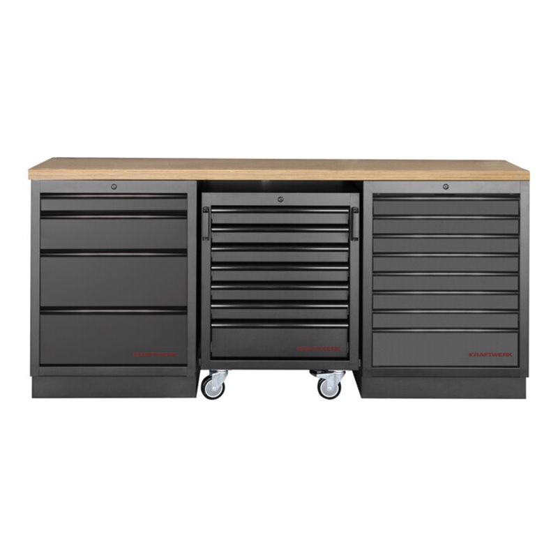 Kraftwerk Mobilio 3er Kombi mit  Werkstattwagen, Buche, 3 Schubladen