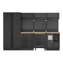 Kraftwerk 4-Element-Schrankwand mit Vierkantlochwand Länge 2955 mm Multiplex-Arbeitsplatten