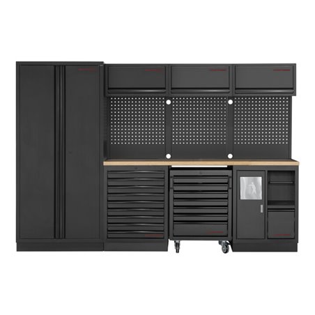 Kraftwerk 4-Element-Schrankwand mit Vierkantlochwand Länge 2955 mm Multiplex-Arbeitsplatten