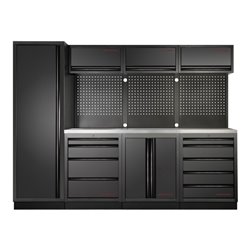 Kraftwerk 4-Element-Schrankwand mit Vierkantlochwand Länge 2640 mm rostfreien Arbeitsplatte