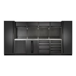 Kraftwerk 6-Element-Schrankwand mit Vierkantlochwand Länge 3920 mm INOX-Arbeitsplatte