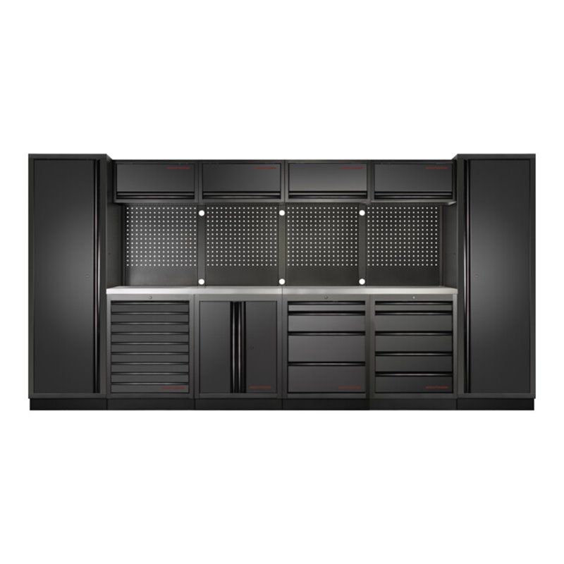 Kraftwerk 6-Element-Schrankwand mit Vierkantlochwand Länge 3920 mm INOX-Arbeitsplatte