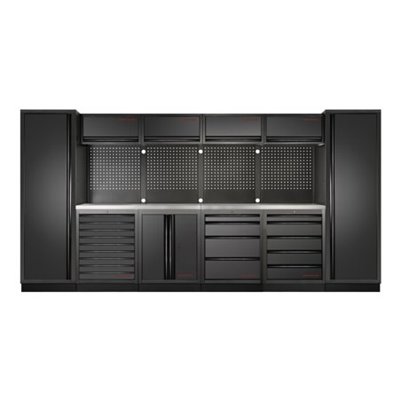 Kraftwerk 6-Element-Schrankwand mit Vierkantlochwand Länge 3920 mm INOX-Arbeitsplatte