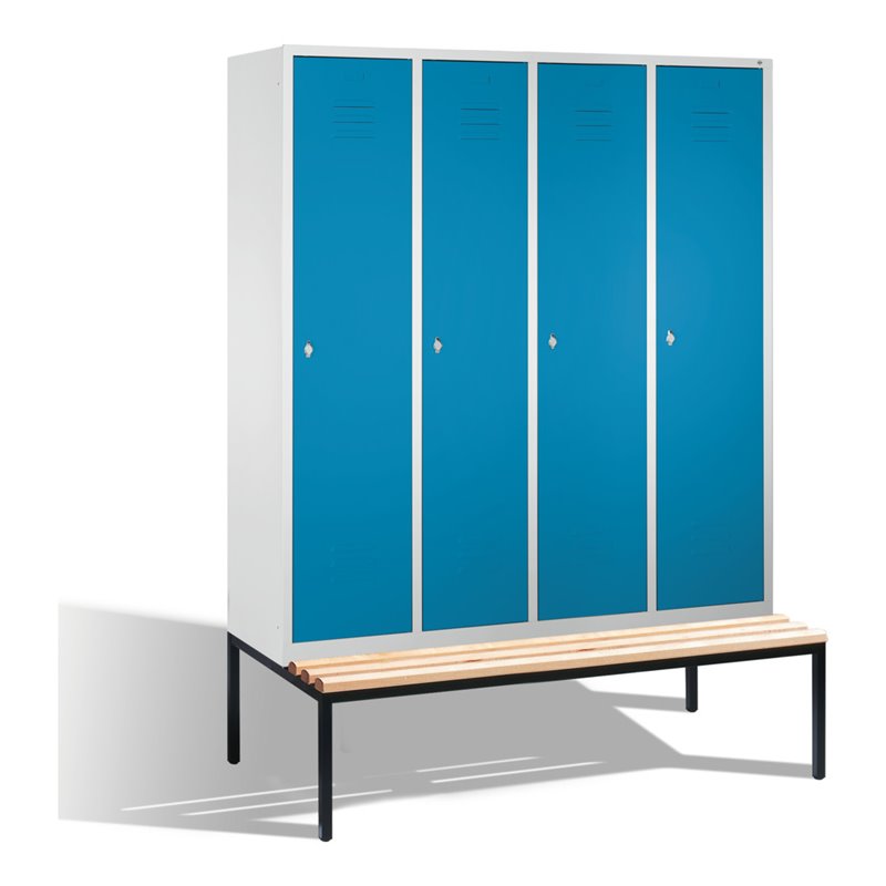 C+P Umkleidespind Classic mit Sitzbank 4 Abteile Front Lichtblau Korpus Lichtgrau