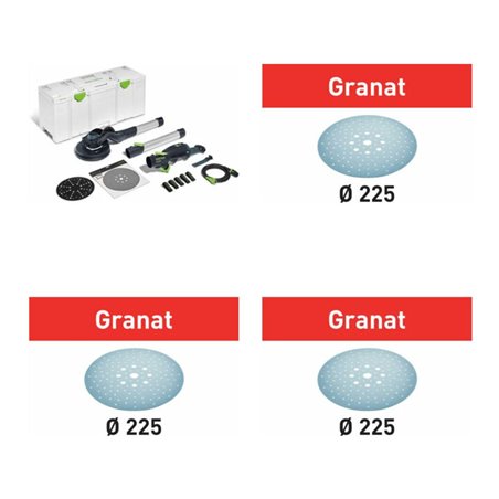 Festool Bundle – 4-teiliges Set mit LHS 2 225 EQI-Plus PLANEX & Schleifscheiben STF D225 P80, P100, P120 Granat