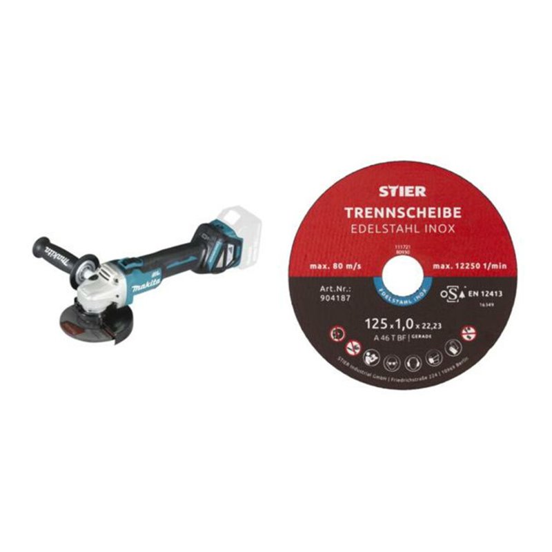 Makita Akku-Winkelschleifer DGA511Z, Solo-Version + Edelstahl-Trennscheibe 125 x 1,0 x 22,23 mm, Form gerade