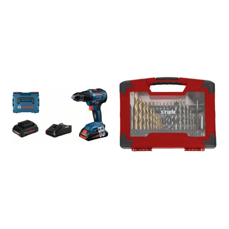 Bosch Akku-Bohrschrauber GSR 18V-55, 2x 4,0Ah ProCORE18V, Ladegerät – 2-teiliges Set mit TiN-Bohrer-, Säge- & Bit-Set, 100-tlg