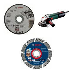 Metabo Winkelschleifer WEV 17-125 Quick & Schnellspannmutter – 3-teiliges Set mit Bosch 1 mm Trennscheibe, X-LOCK Diamanttrennsc
